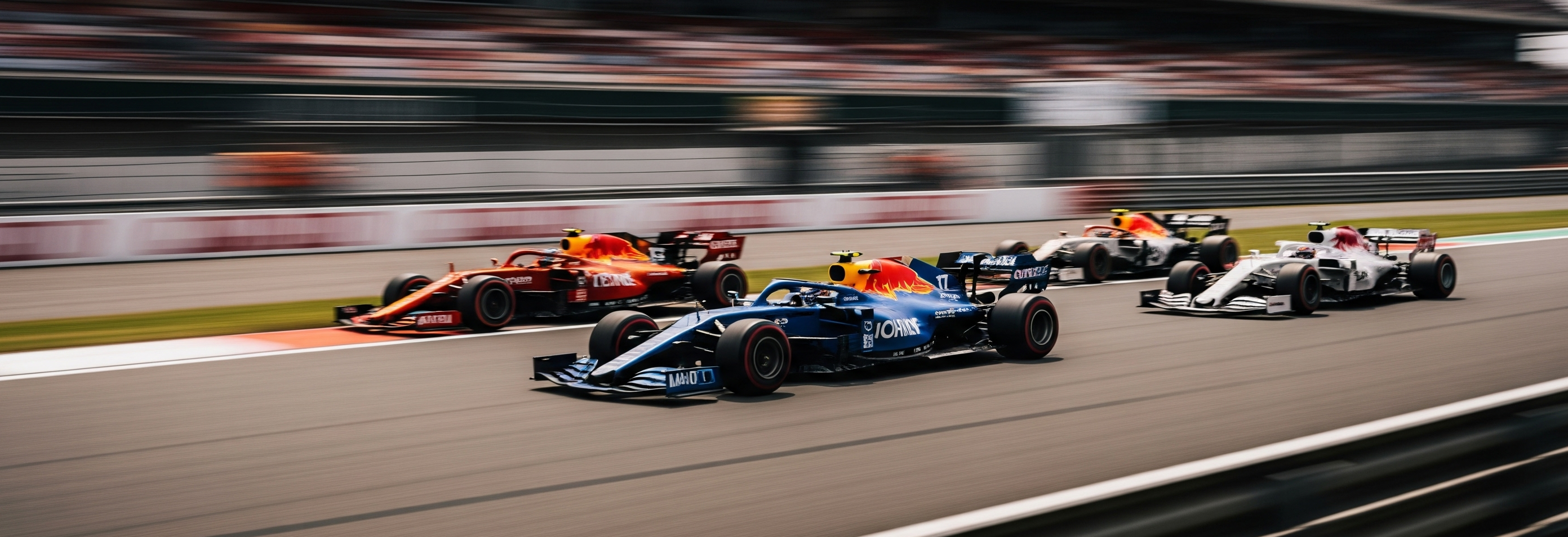 High-energy shot of Formula 1 cars racing